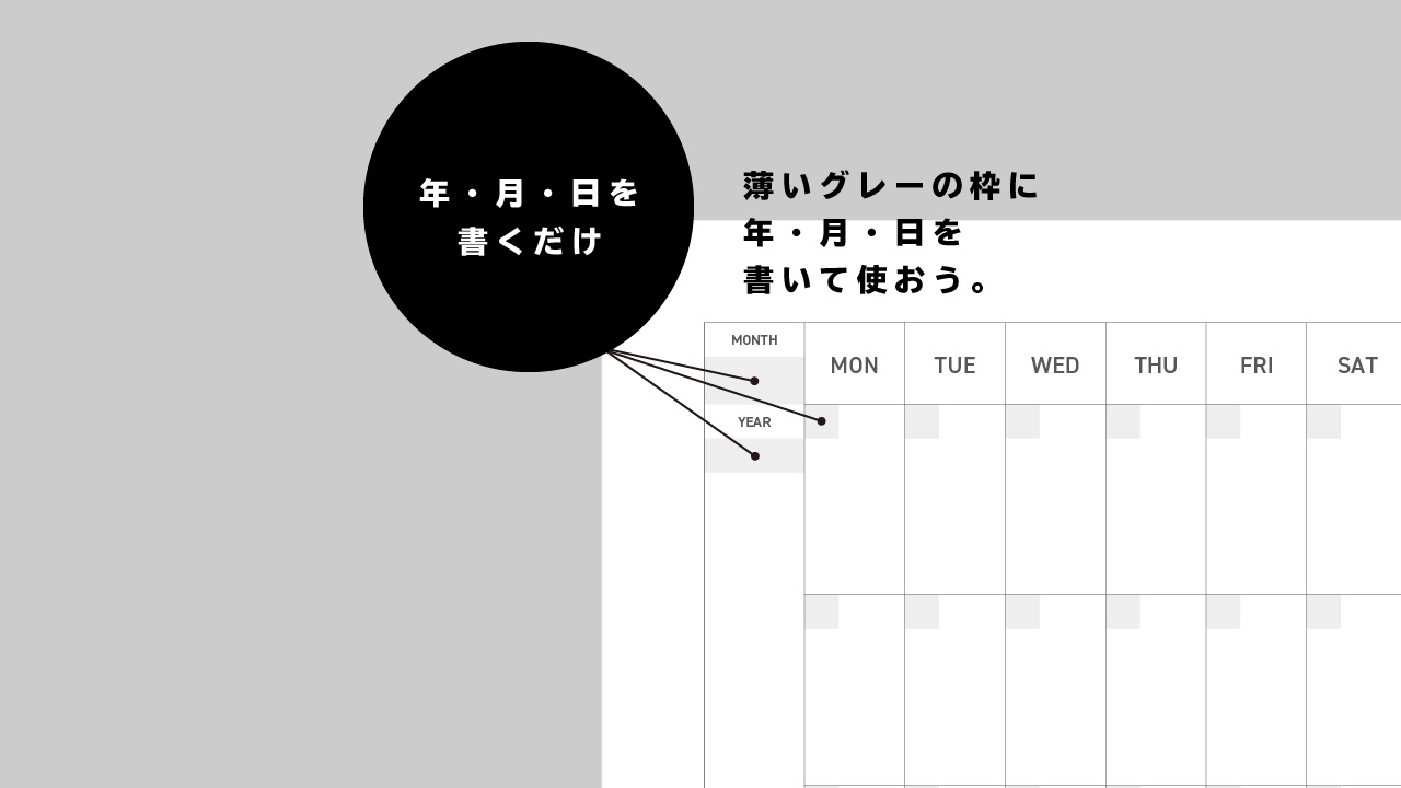 月間カレンダーボックス型の手帳リフィテンプレート（日付なし・月曜始まり・日曜始まり・A5サイズ タテ）の特徴3 年月日を書くスペース