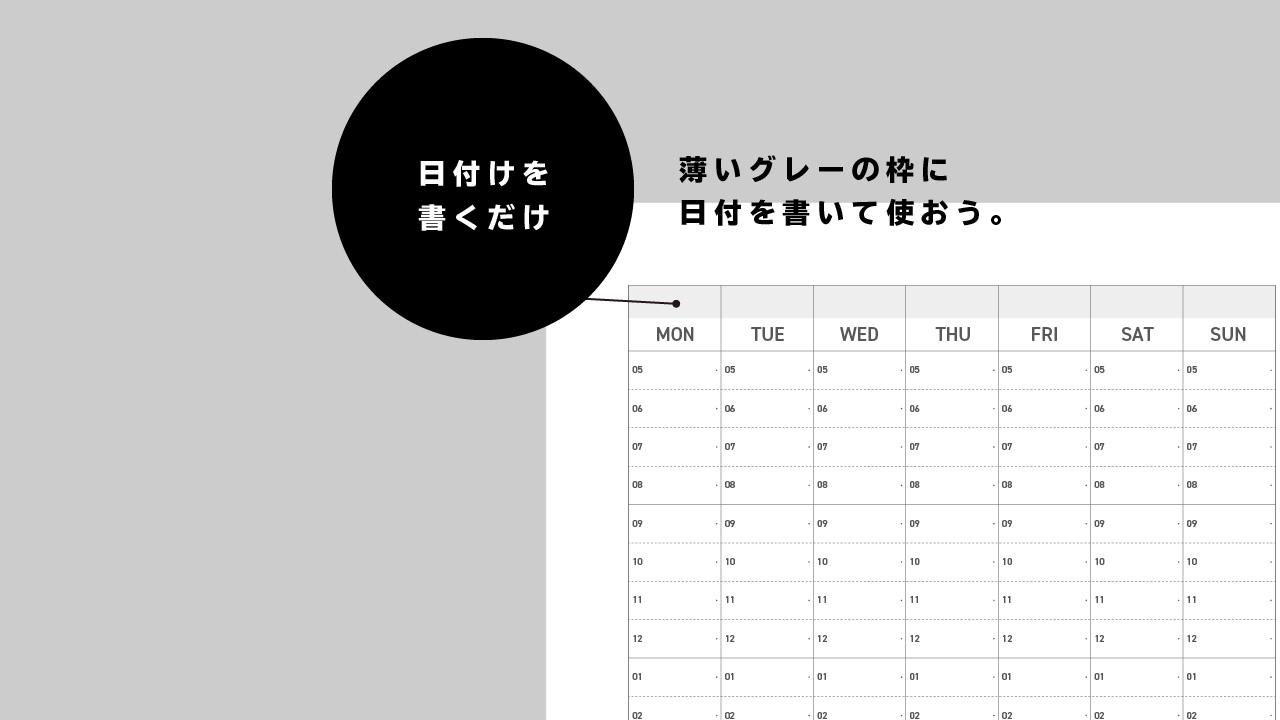 週間カレンダー・バーチカル型の手帳リフィテンプレート（日付なし・月曜始まり・日曜始まり・A5サイズ タテ）の特徴2 年月日をか書くだけで使える